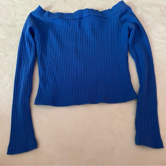 ROMWE Women’s Ribbed Pleated Off-The-Shoulder Long Sleeve Crop Top blue, size M - Picture 5 of 7